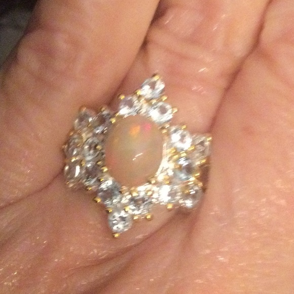 Genuine Natural Fire Opal & Aquamarine Ring, 9mm by 7mm - Picture 13 of 15